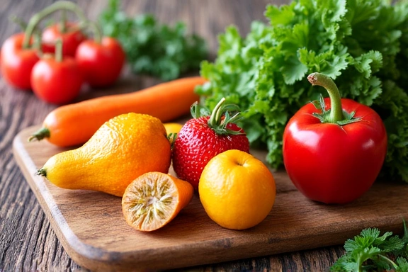 Cibi sani e nutrienti su un tavolo, con focus su frutta e verdura