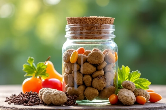 Integratori naturali in un barattolo, con ingredienti sfusi sullo sfondo