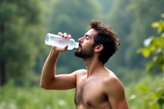 Uomo che beve acqua da una borraccia in un ambiente naturale