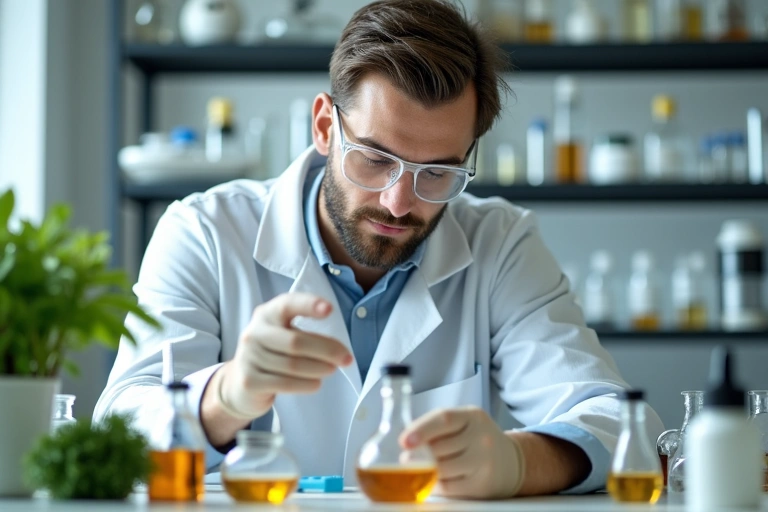 Scientist examining natural plant extracts in a sterile laboratory setting, emphasizing quality control.