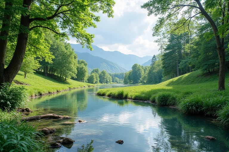 Serene natural landscape with lush greenery and clear water, evoking purity and trust.