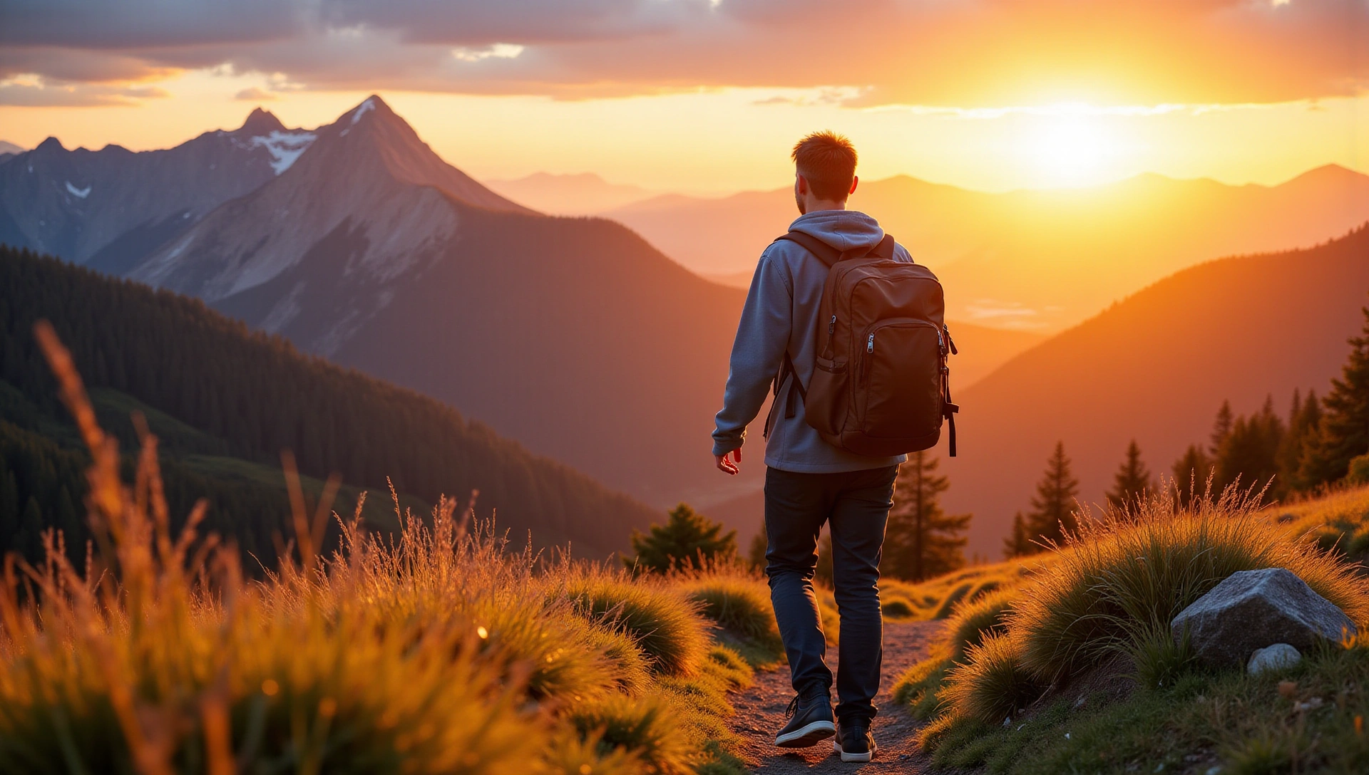 Uomo energico che fa escursioni in montagna al tramonto, simbolo di vitalità e natura