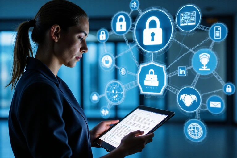 Una persona che legge un documento digitale su un tablet, circondata da icone di sicurezza informatica e privacy dei dati.