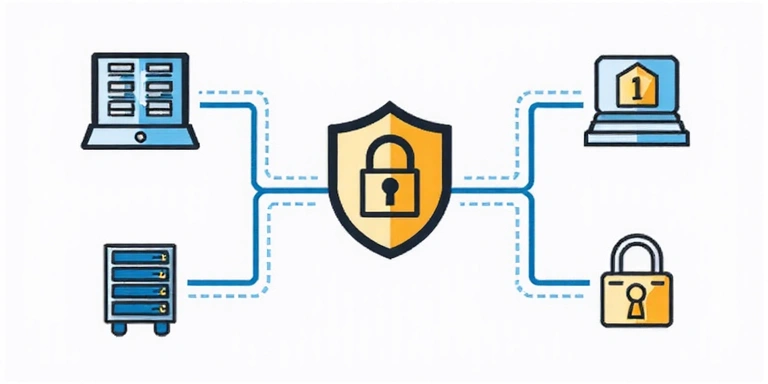 Icone che rappresentano firewall, crittografia e server sicuri, simboleggiando le misure di sicurezza dei dati.