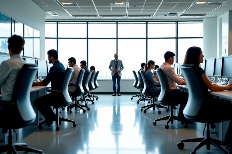 Ufficio moderno di TechInnovate Solutions con dipendenti che lavorano